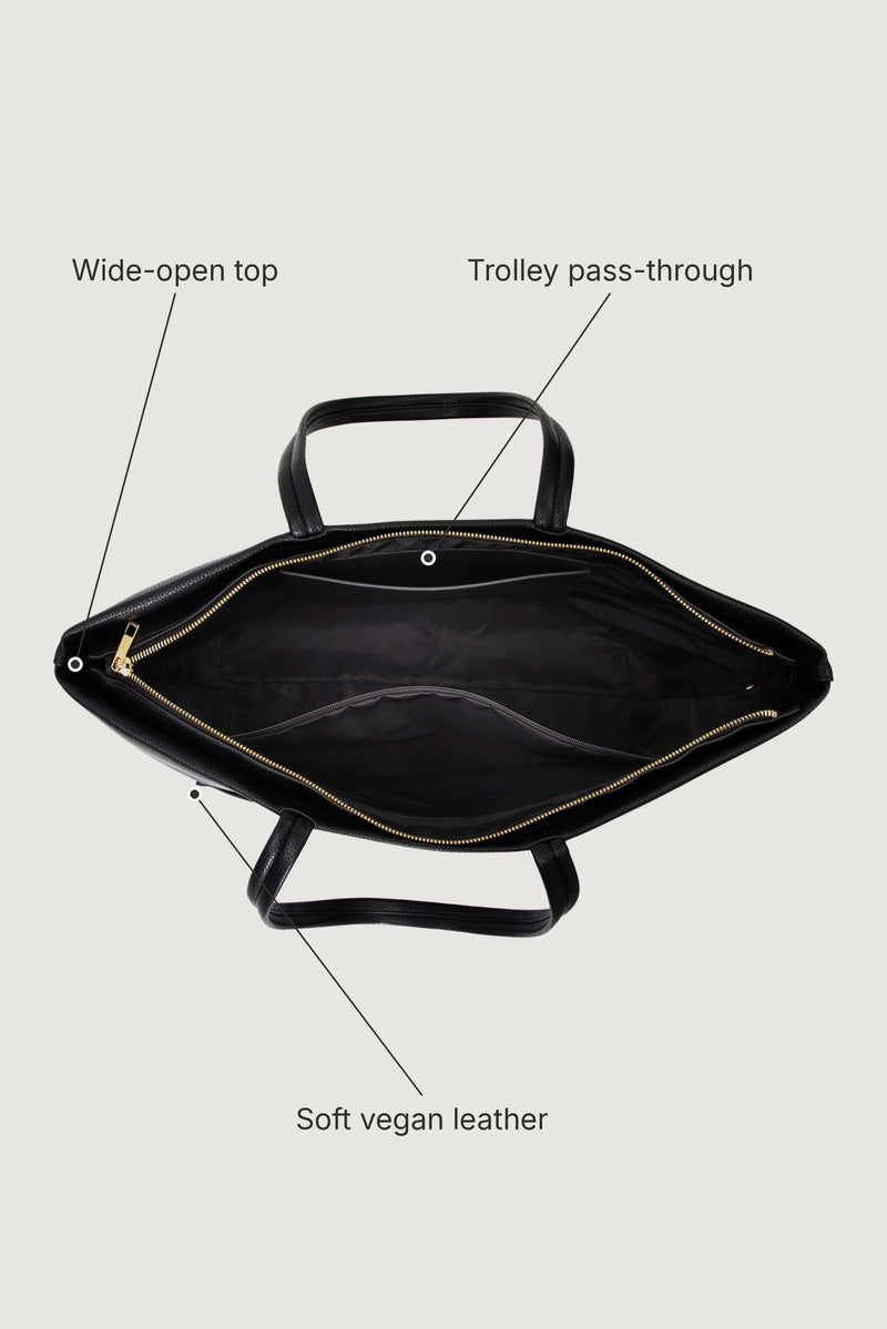 Carry-On Tote — wide-open top, trolley pass-through, soft vegan leather