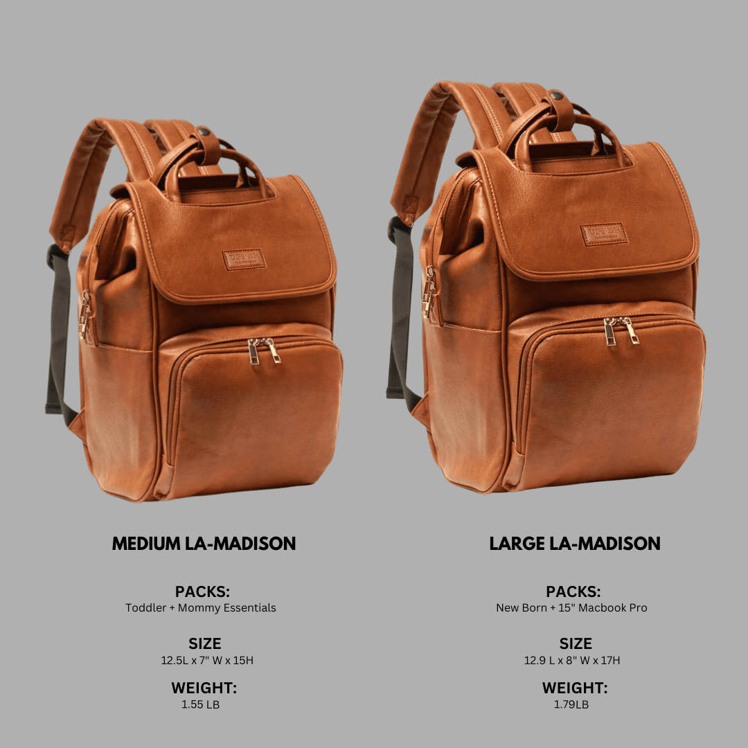 DayFlow everyday backpack for parents in caramel, medium and large sizes side by side