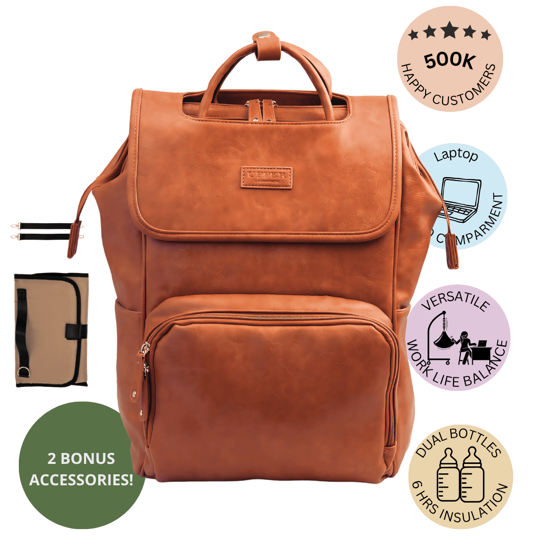 DayFlow everyday backpack for parents in caramel with its bonus accessories, ready for the commute