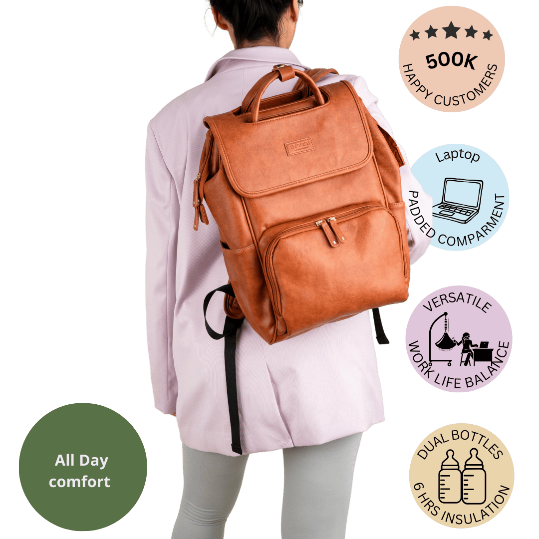 DayFlow everyday backpack in caramel worn by a mom on her commute