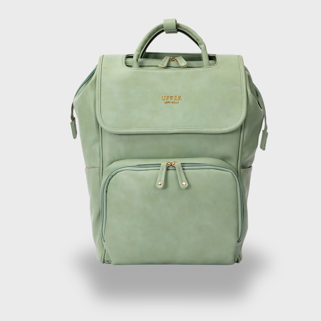 DayFlow everyday backpack for parents in sage green, front view