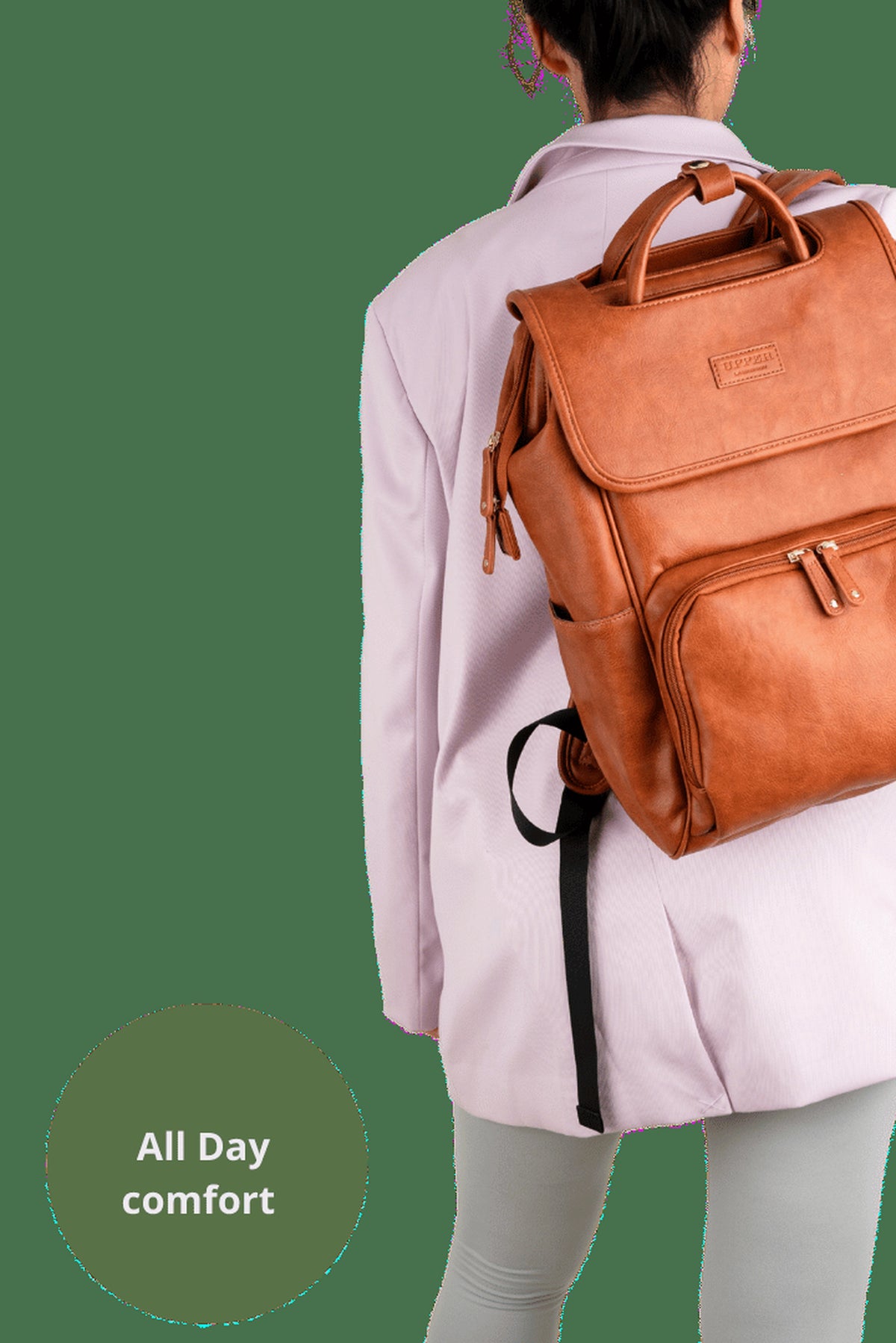 DayFlow 23 in caramel worn by a parent on the commute