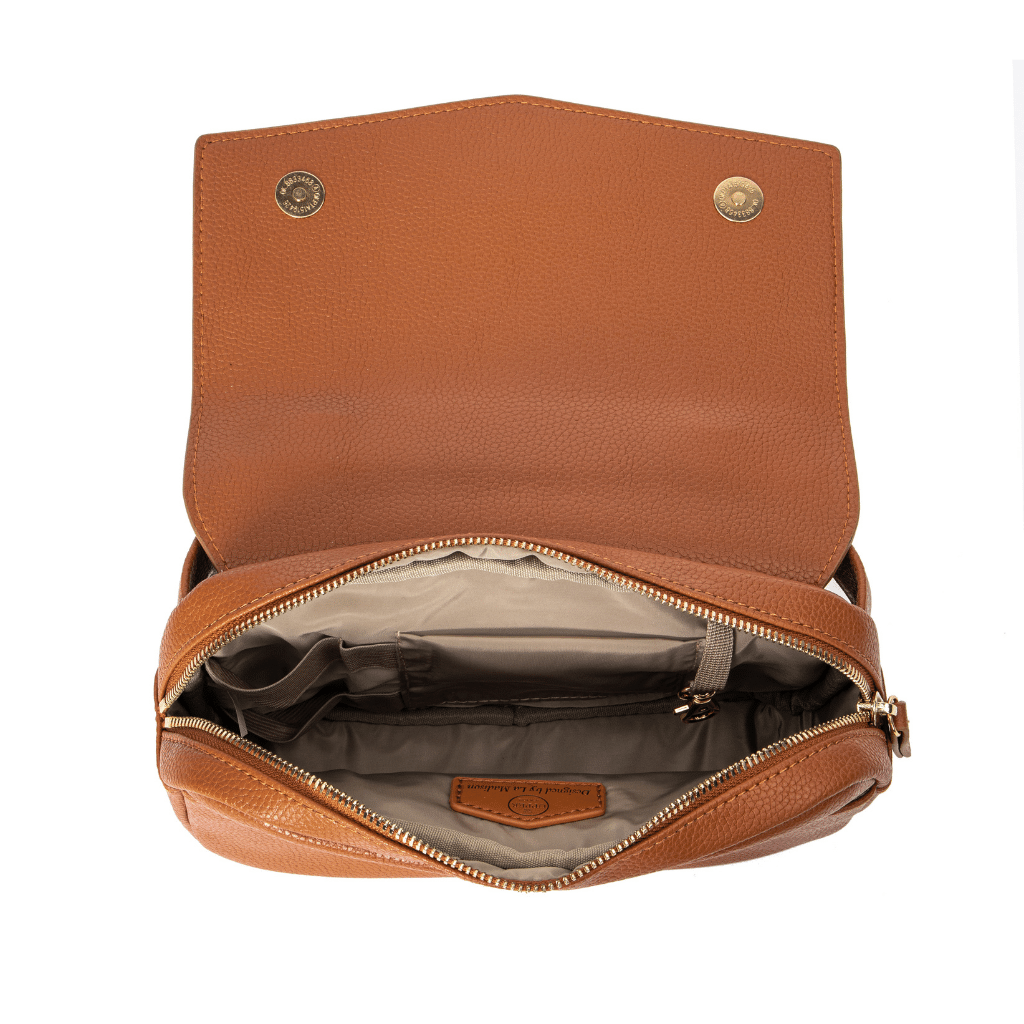 Everyday sling for moms in caramel open to show the inside pockets