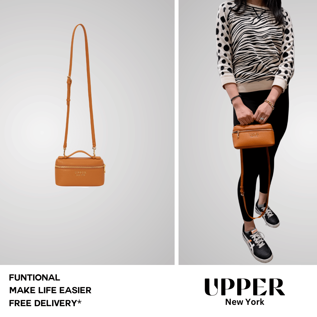 Madison mini bag in caramel worn crossbody by a mom