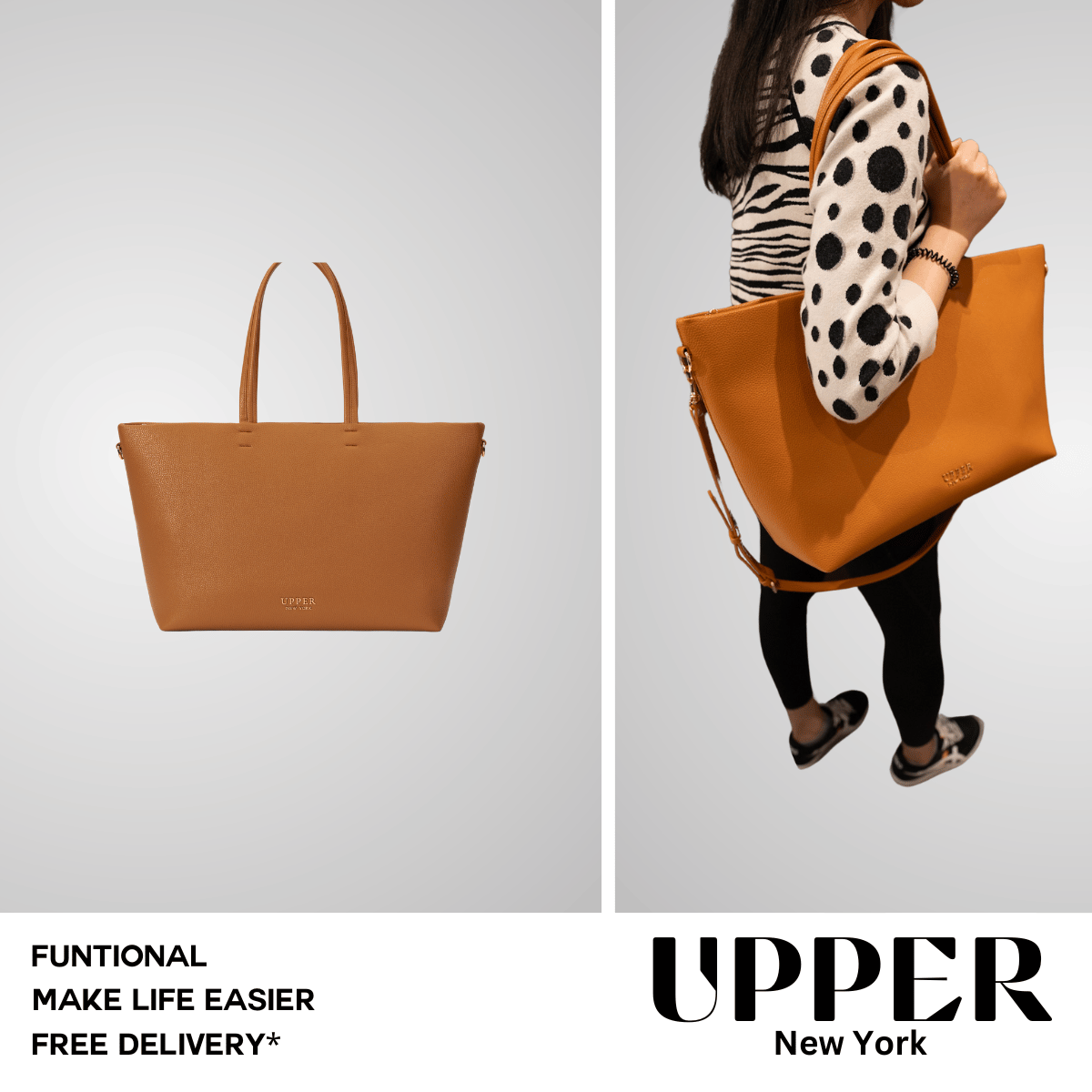 Madison tote in caramel shown alone and worn by a mom