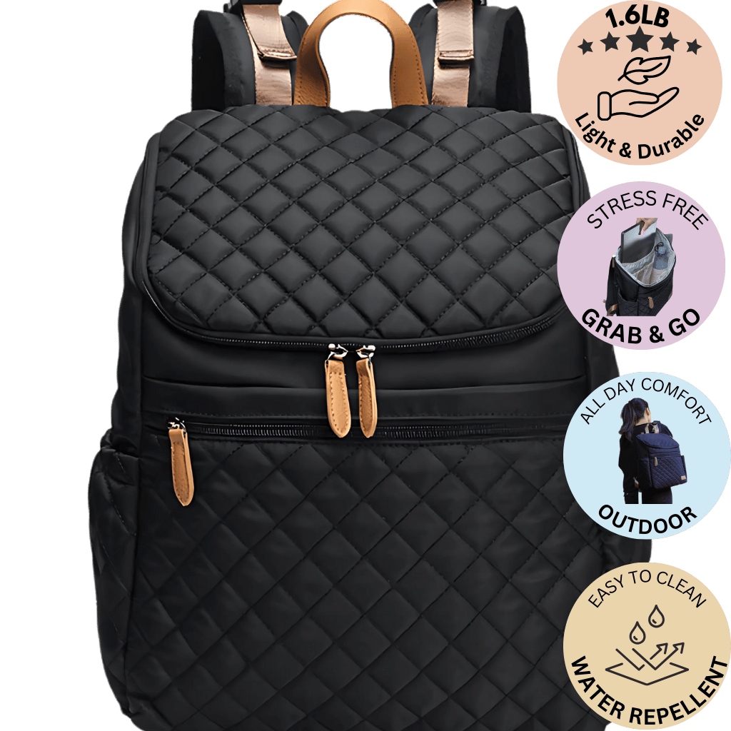 Maison Air parent backpack in black quilted fabric with tan handles, back view