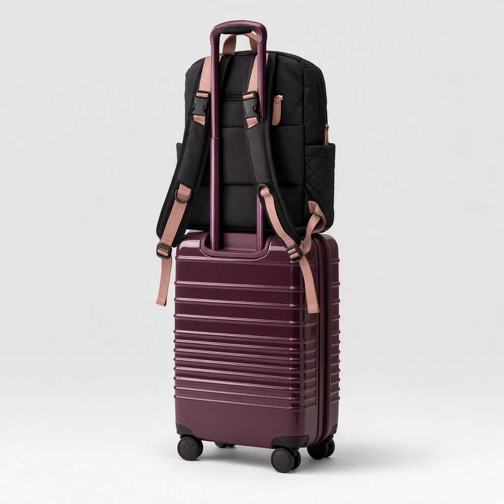Maison Air backpack on a plum suitcase with the trolley handle through the back pass-through sleeve