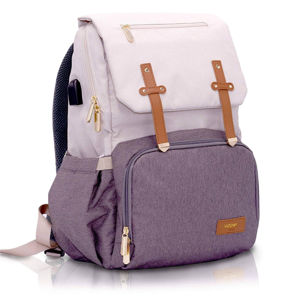 Milan everyday parent backpack in beige and grey, front view
