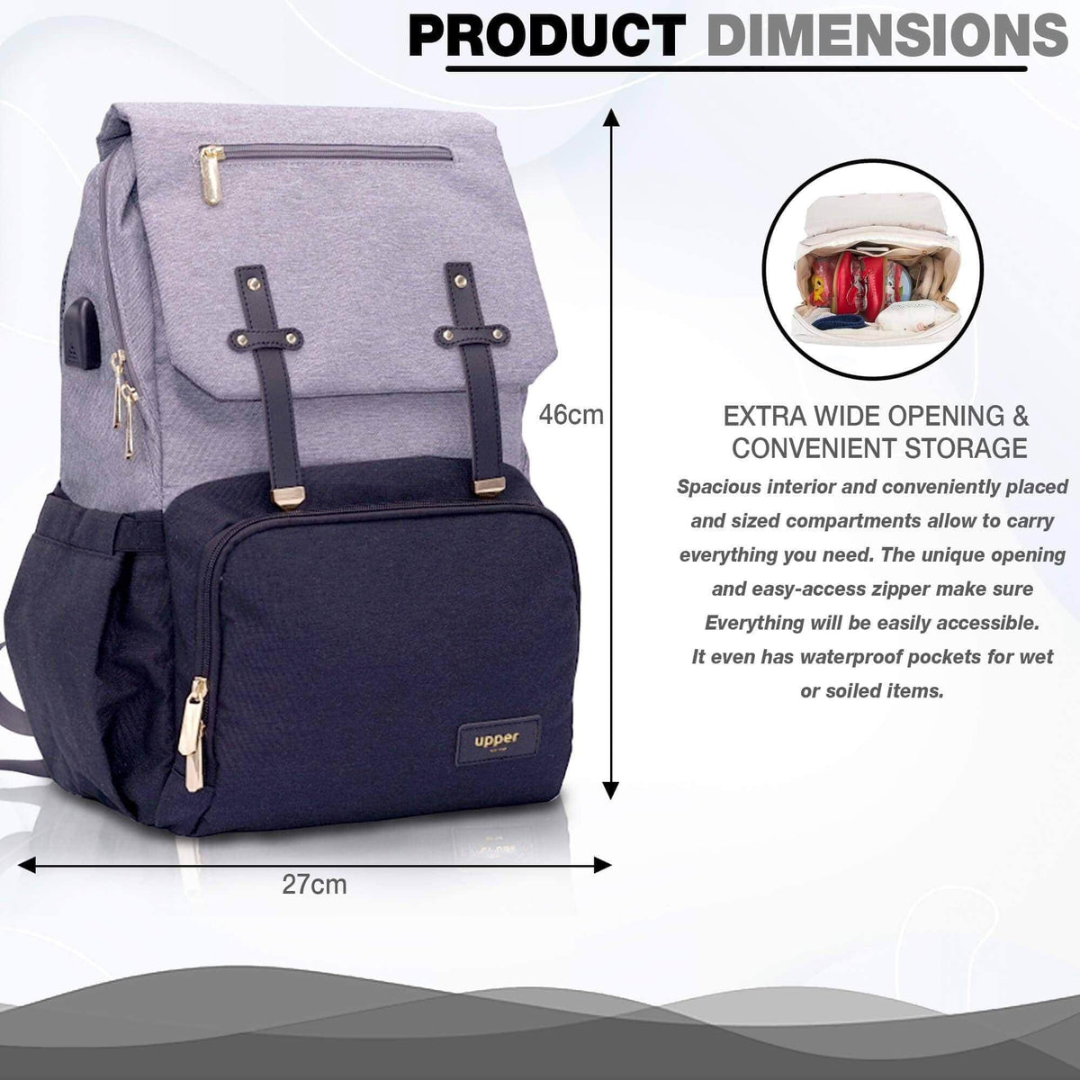 Milan everyday parent backpack dimensions, 46 by 27 centimeters, with wide-opening storage