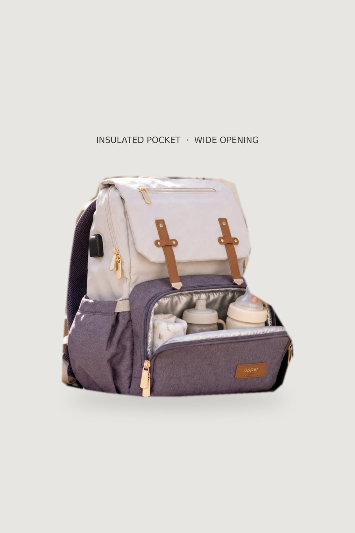 Milan backpack open with bottle pockets labeled