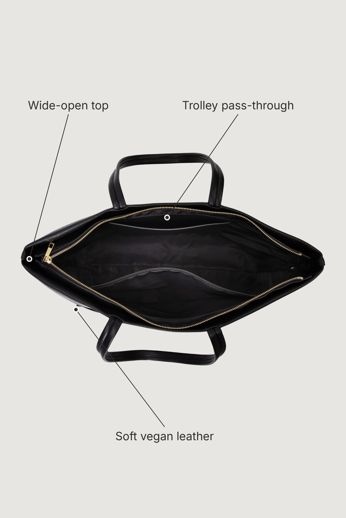 Carry-On Tote — wide-open top, trolley pass-through, soft vegan leather