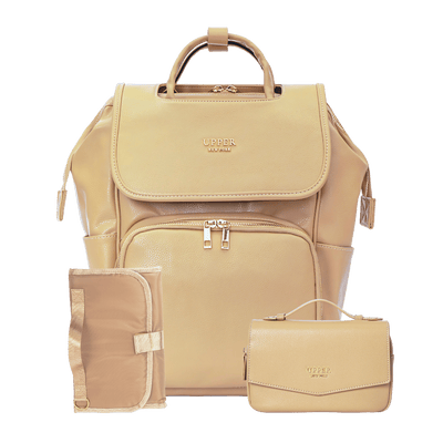 beige backpack leather UPPER Leather Diaper Bag Backpack for Mom Baby