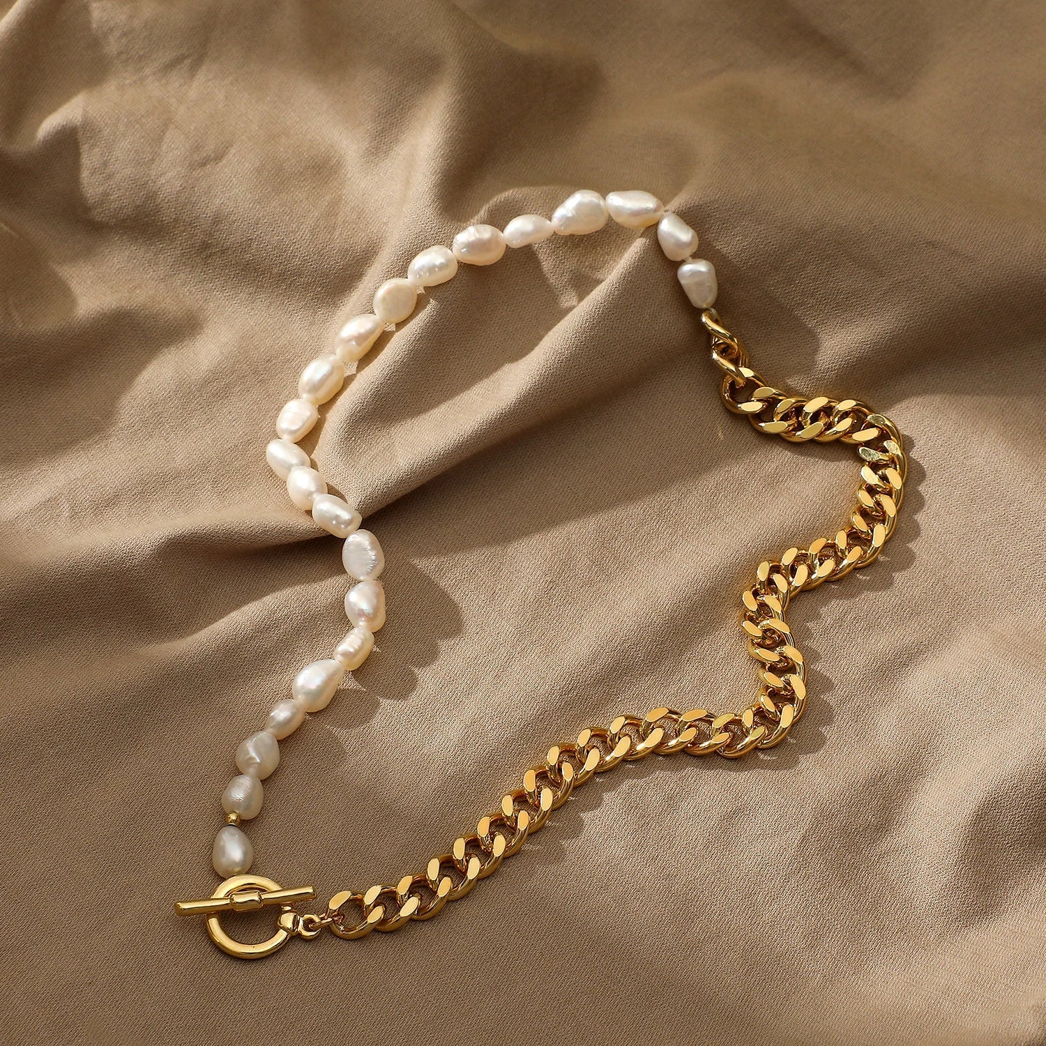 Half Chain Half Natural Pearl Womens Necklace Set With Earrings Gold White  | eBay
